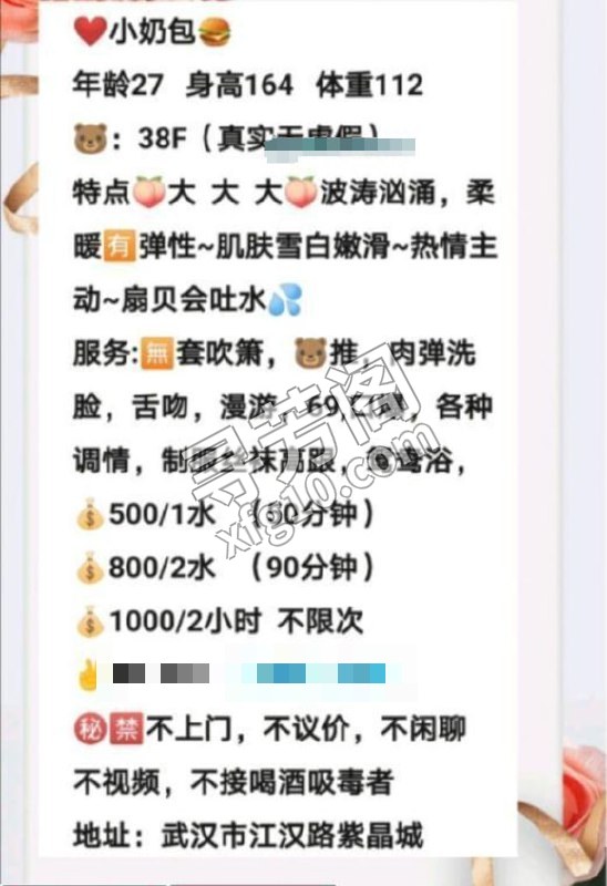 江汉路大胸坦克 地方 年龄 30岁-40岁 颜值： 6分 500 项目 无套吹，胸推，肉蛋洗脸，漫游，69，口爆 2